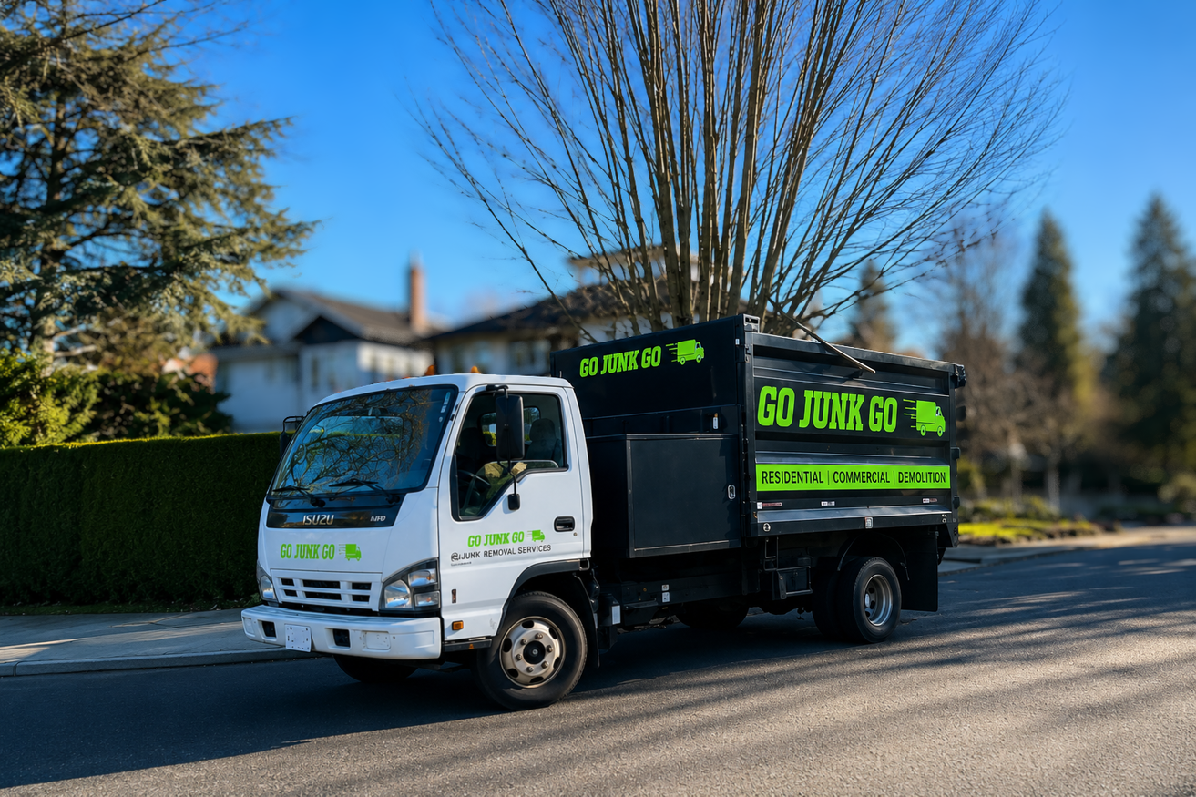 GoJunkGo junk removal truck in a Vancouver neighbourhood